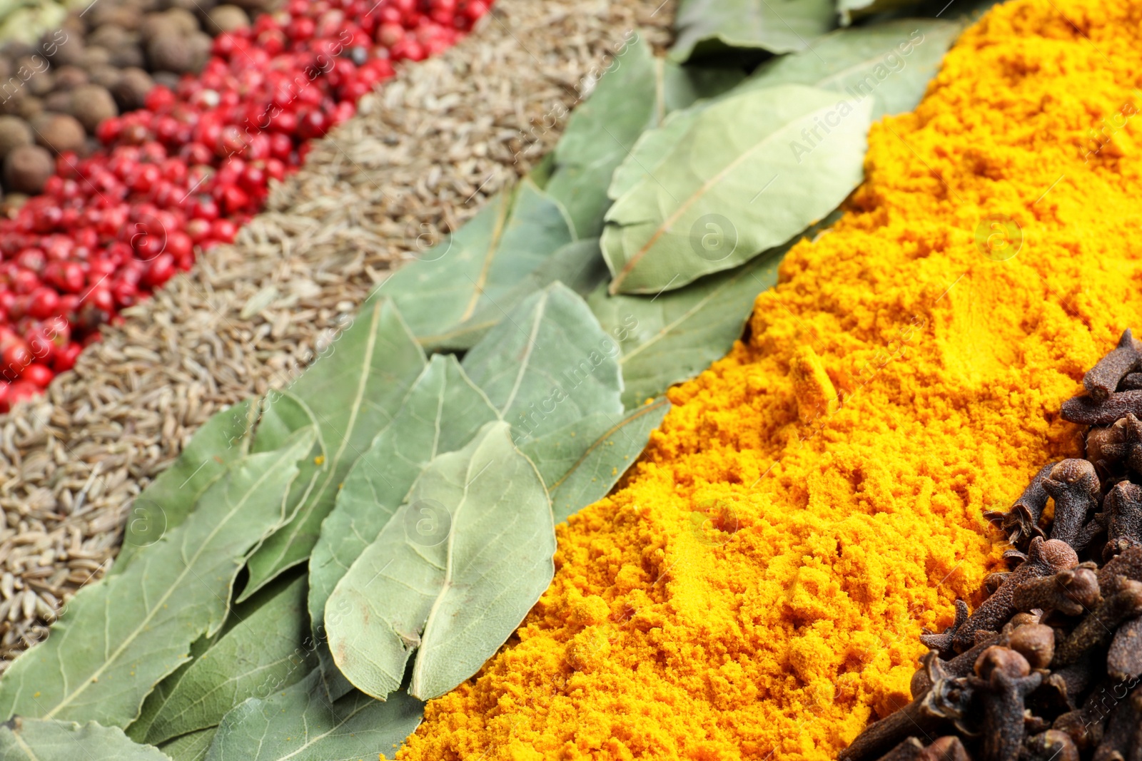 Photo of Set of different spices as background, closeup