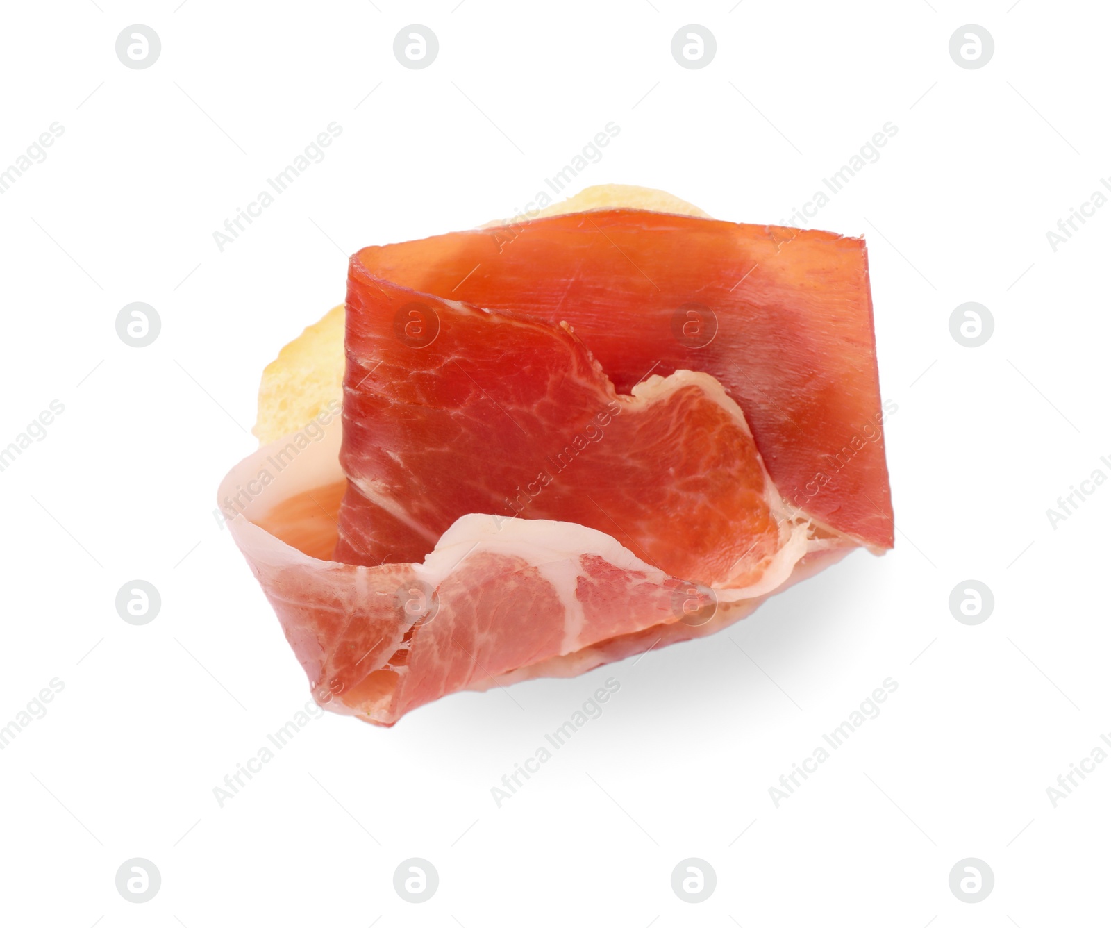 Photo of Tasty sandwich with cured ham isolated on white, top view