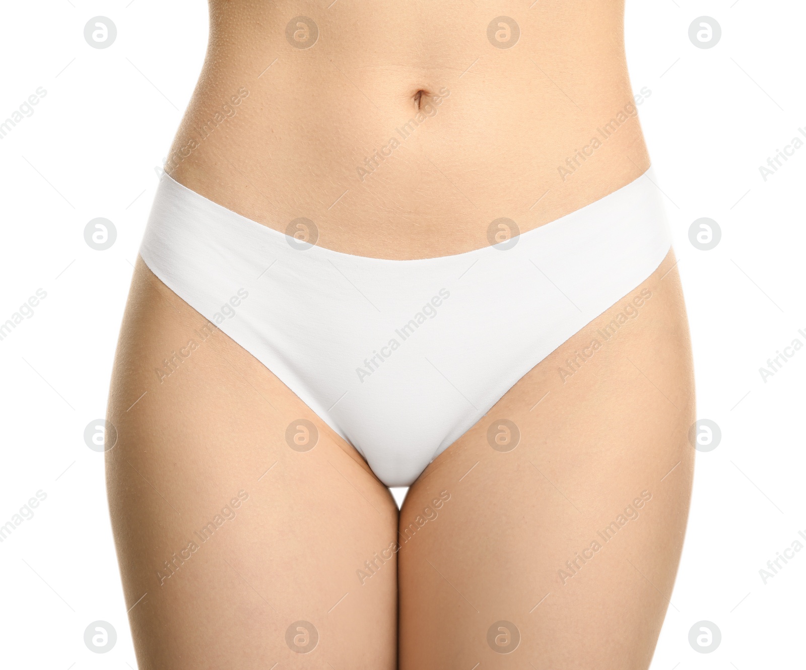 Photo of Gynecology. Woman in underwear isolated on white, closeup