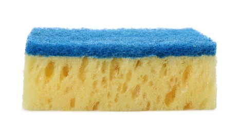 Photo of Yellow cleaning sponge with abrasive light blue scourer isolated on white