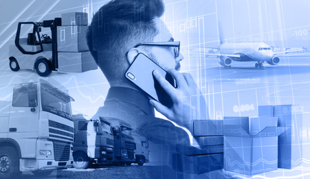 Image of Multiple exposure of businessman talking on phone and different different transports. Logistics