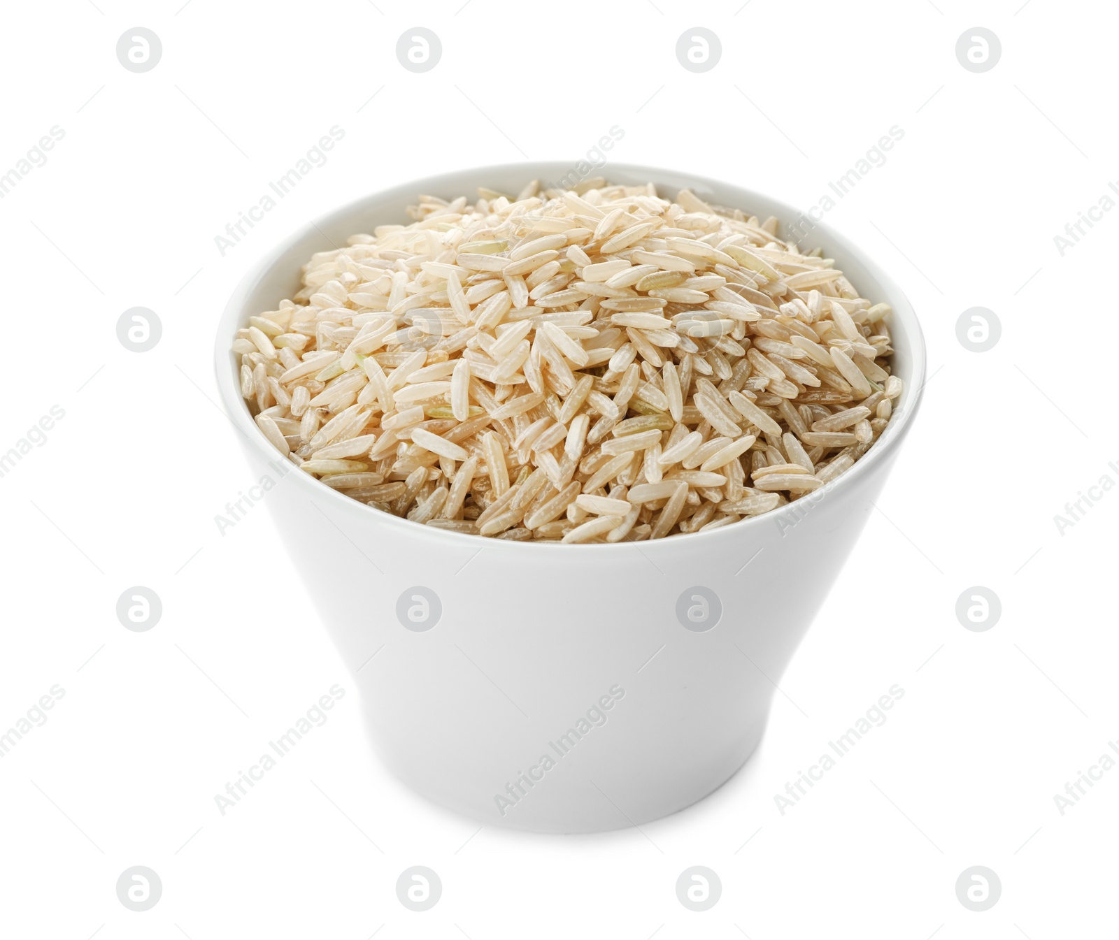 Photo of Ceramic bowl with brown rice on white background