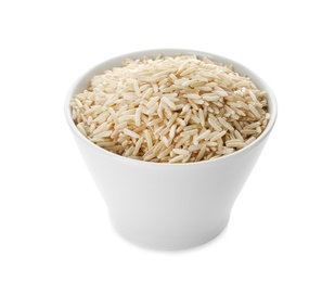 Photo of Ceramic bowl with brown rice on white background