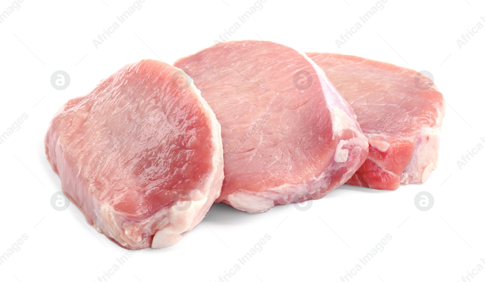 Photo of Pieces of raw pork meat isolated on white