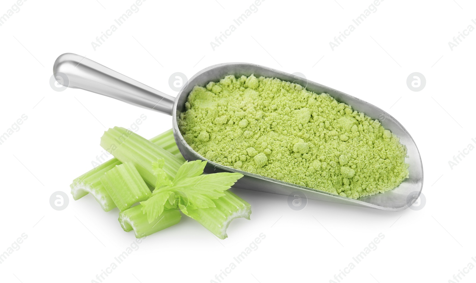 Photo of Scoop of celery powder and fresh cut stalk isolated on white