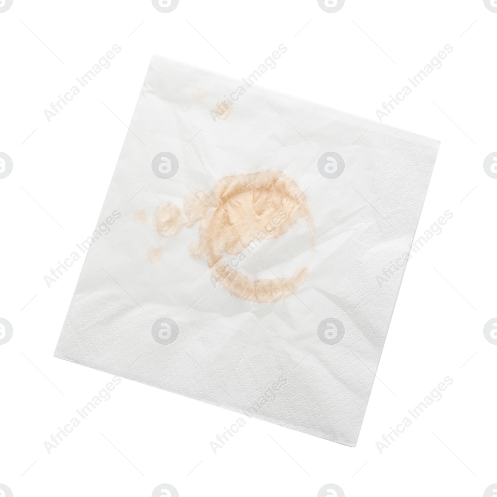 Photo of Paper napkin with coffee stain on white background, top view