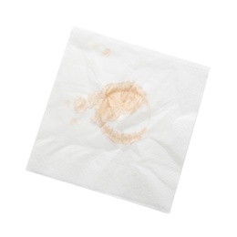 Paper napkin with coffee stain on white background, top view