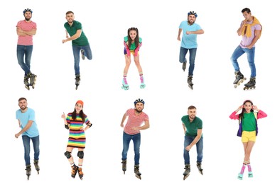 Photos of men and woman with roller skates on white background, collage design