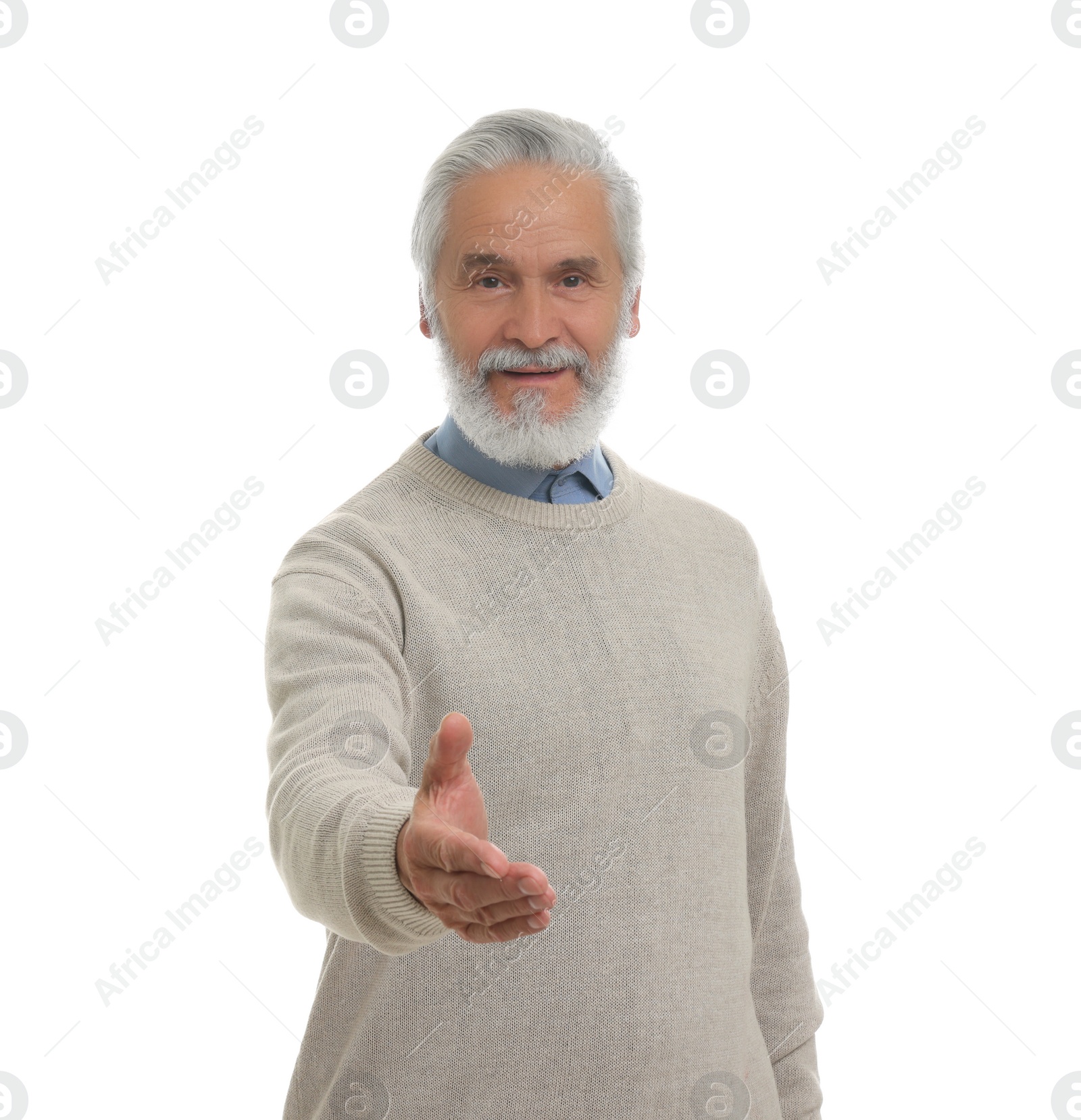 Photo of Senior man welcoming and offering handshake isolated on white