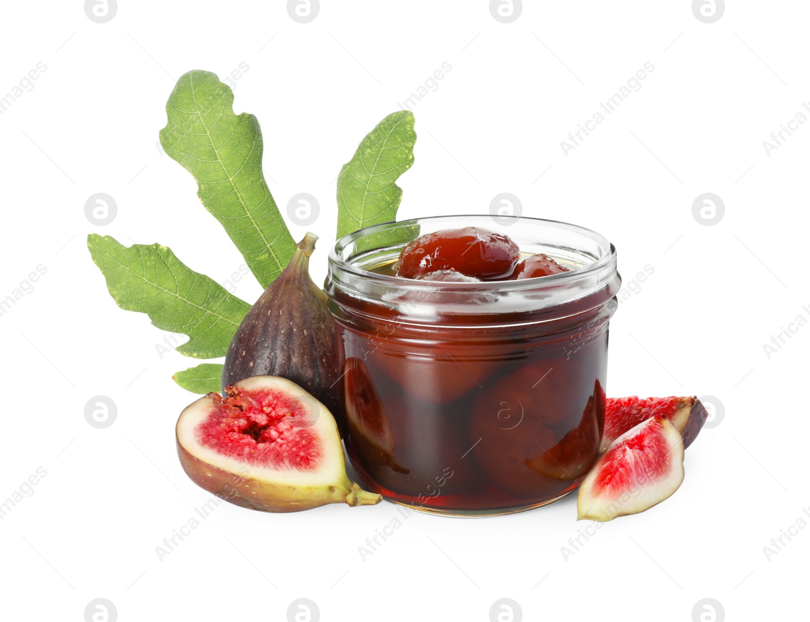 Photo of Jar of tasty sweet jam, fresh figs and green leaf isolated on white