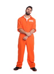 Prisoner in special jumpsuit on white background