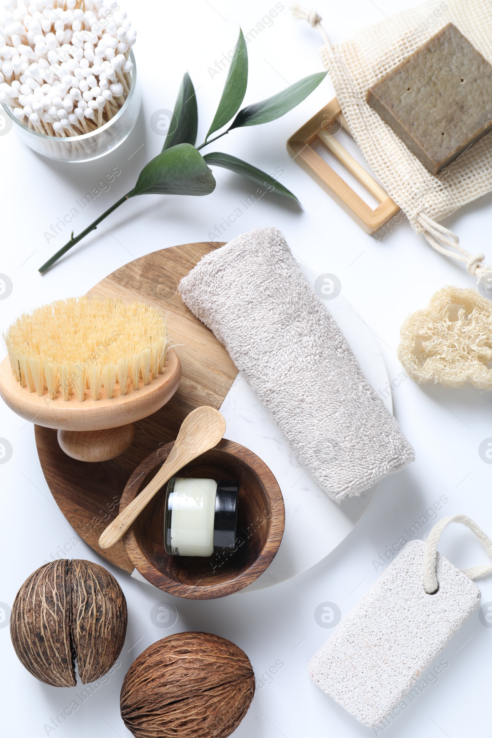 Photo of Bath accessories. Flat lay composition with personal care products on white background