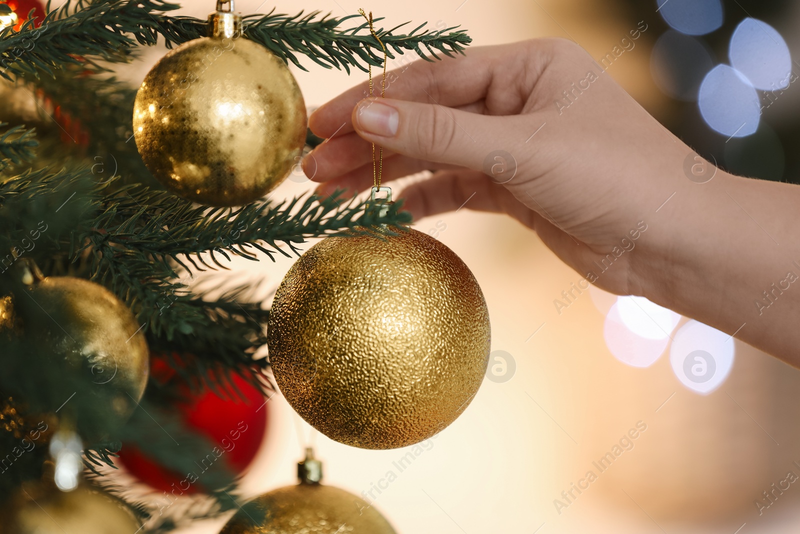 Photo of Woman decorating Christmas tree with golden festive ball on light background, closeup