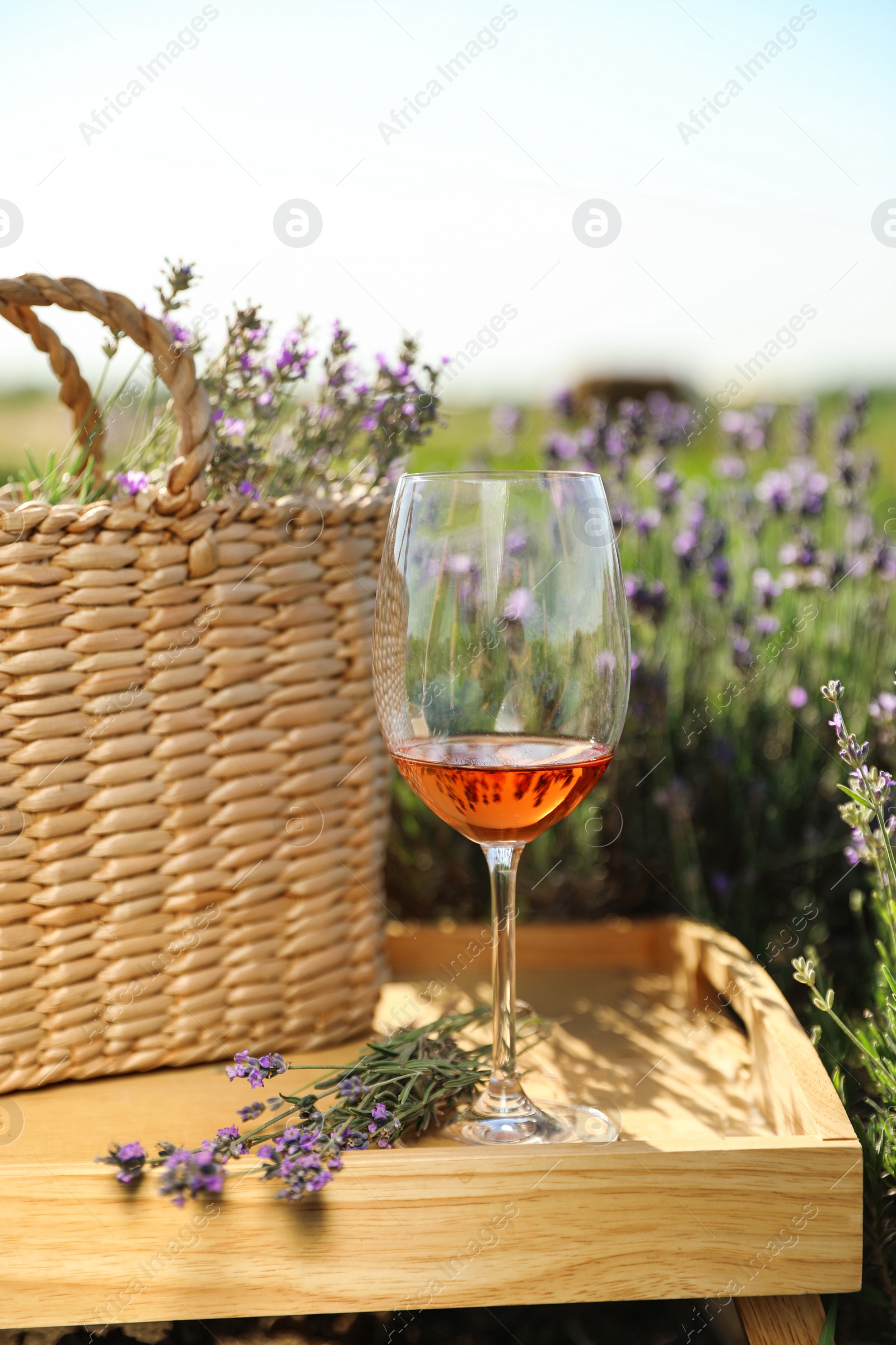 Photo of Glass of wine and wicker bag on wooden tray in lavender field