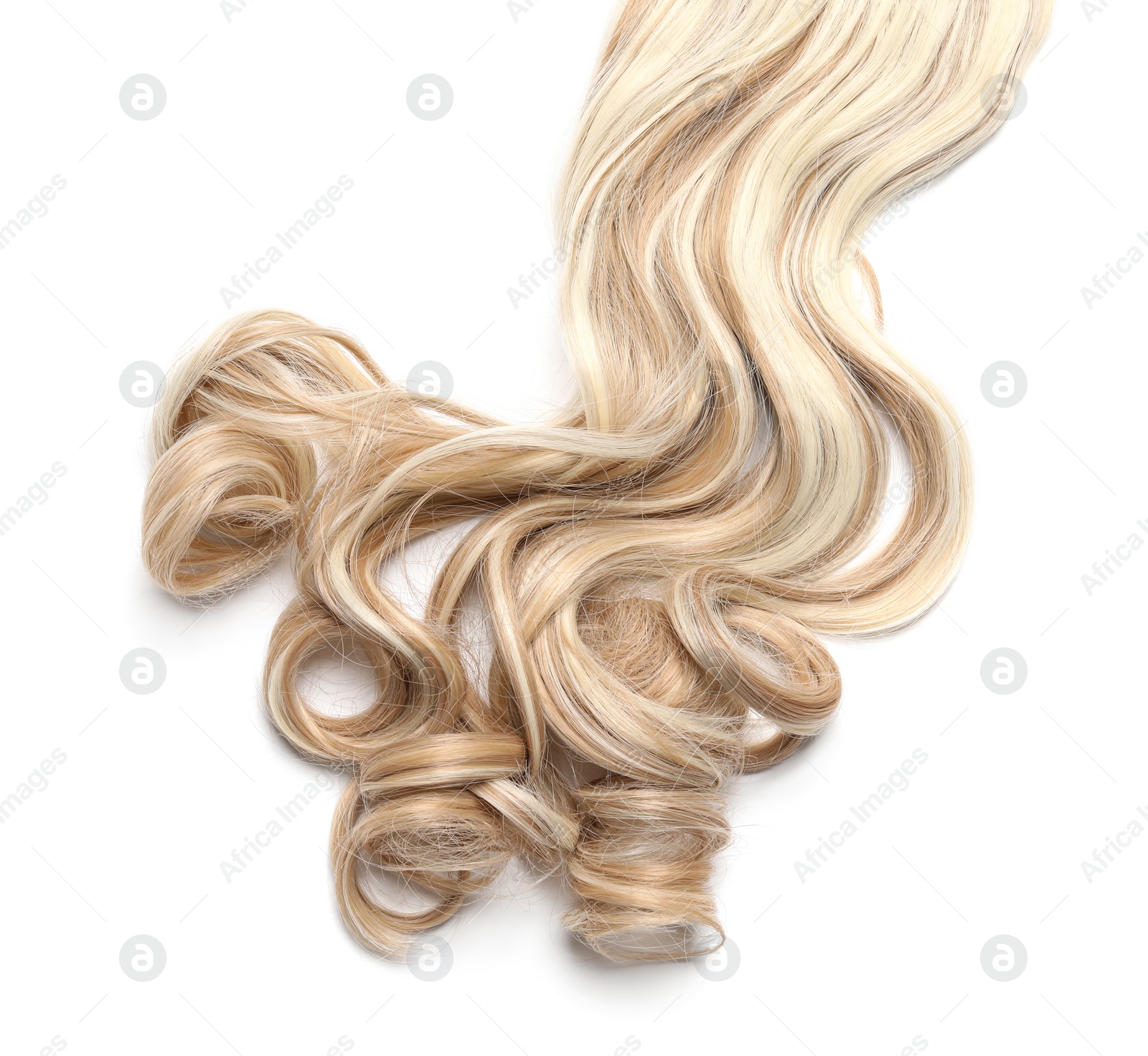 Photo of Beautiful blonde curly hair isolated on white, top view