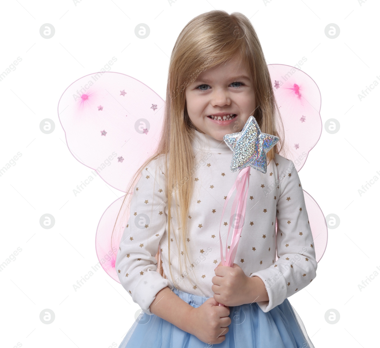 Photo of Cute little girl in fairy costume with pink wings and magic wand on white background