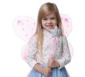 Cute little girl in fairy costume with pink wings and magic wand on white background