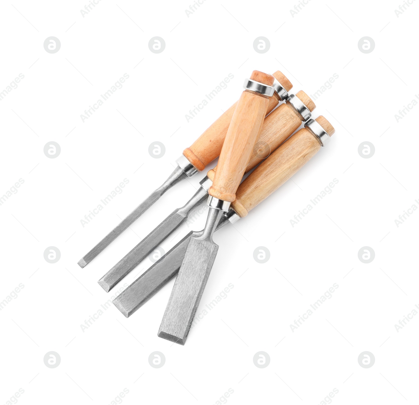 Photo of Modern chisels isolated on white. Carpenter's tools