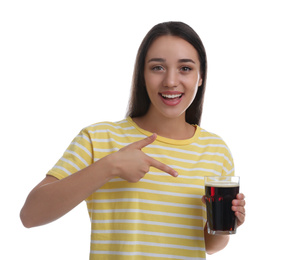 Beautiful woman with cold kvass on white background. Traditional Russian summer drink