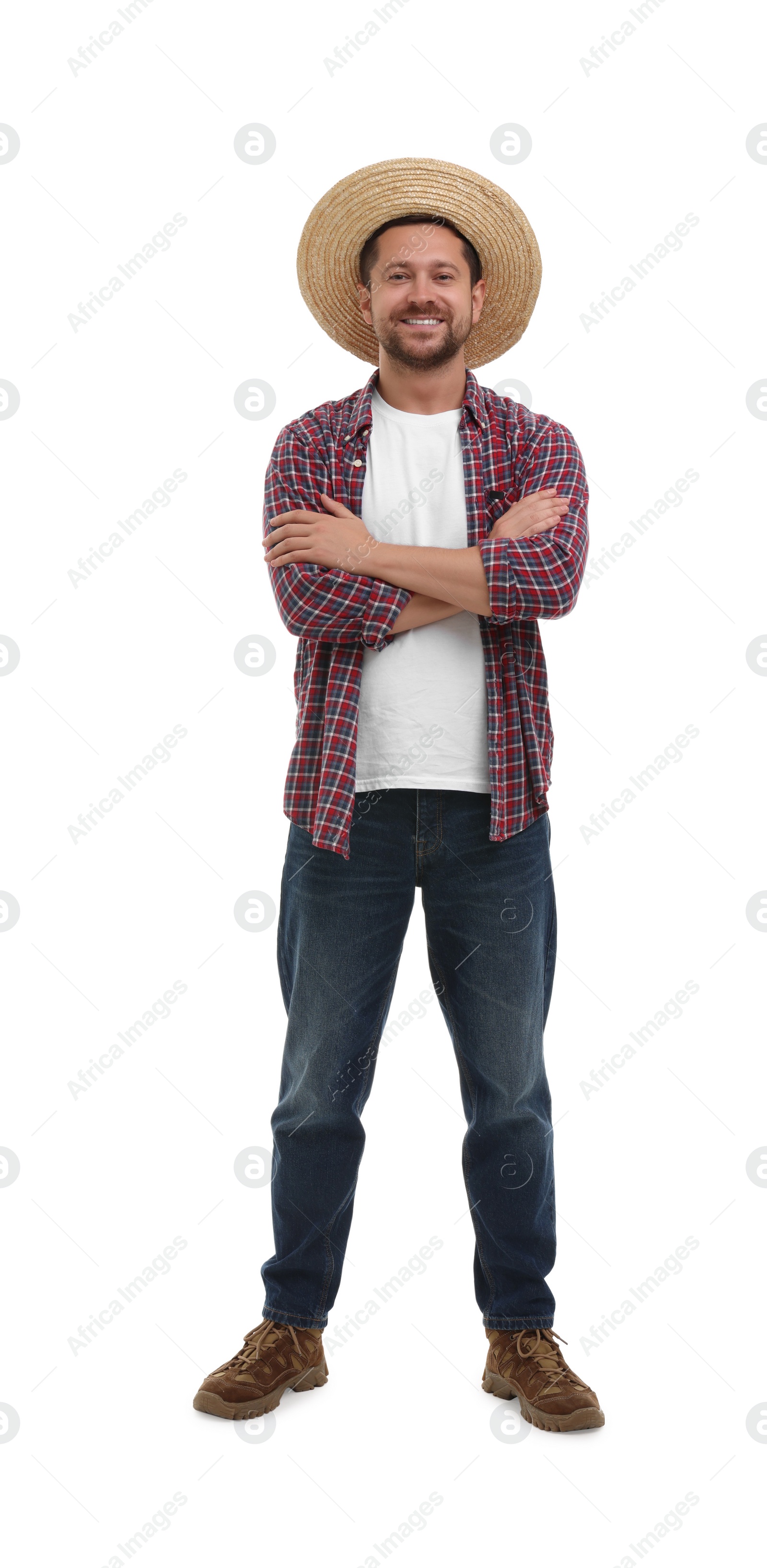 Photo of Happy farmer with crossed arms on white background. Harvesting season