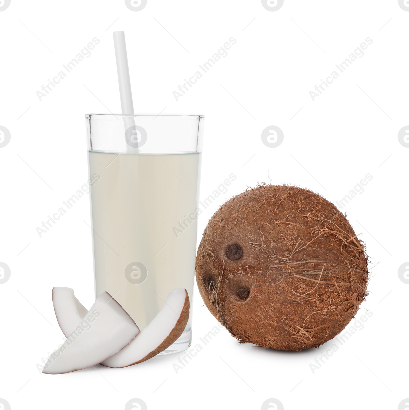 Photo of Glass of coconut water and nuts isolated on white