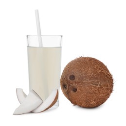 Photo of Glass of coconut water and nuts isolated on white