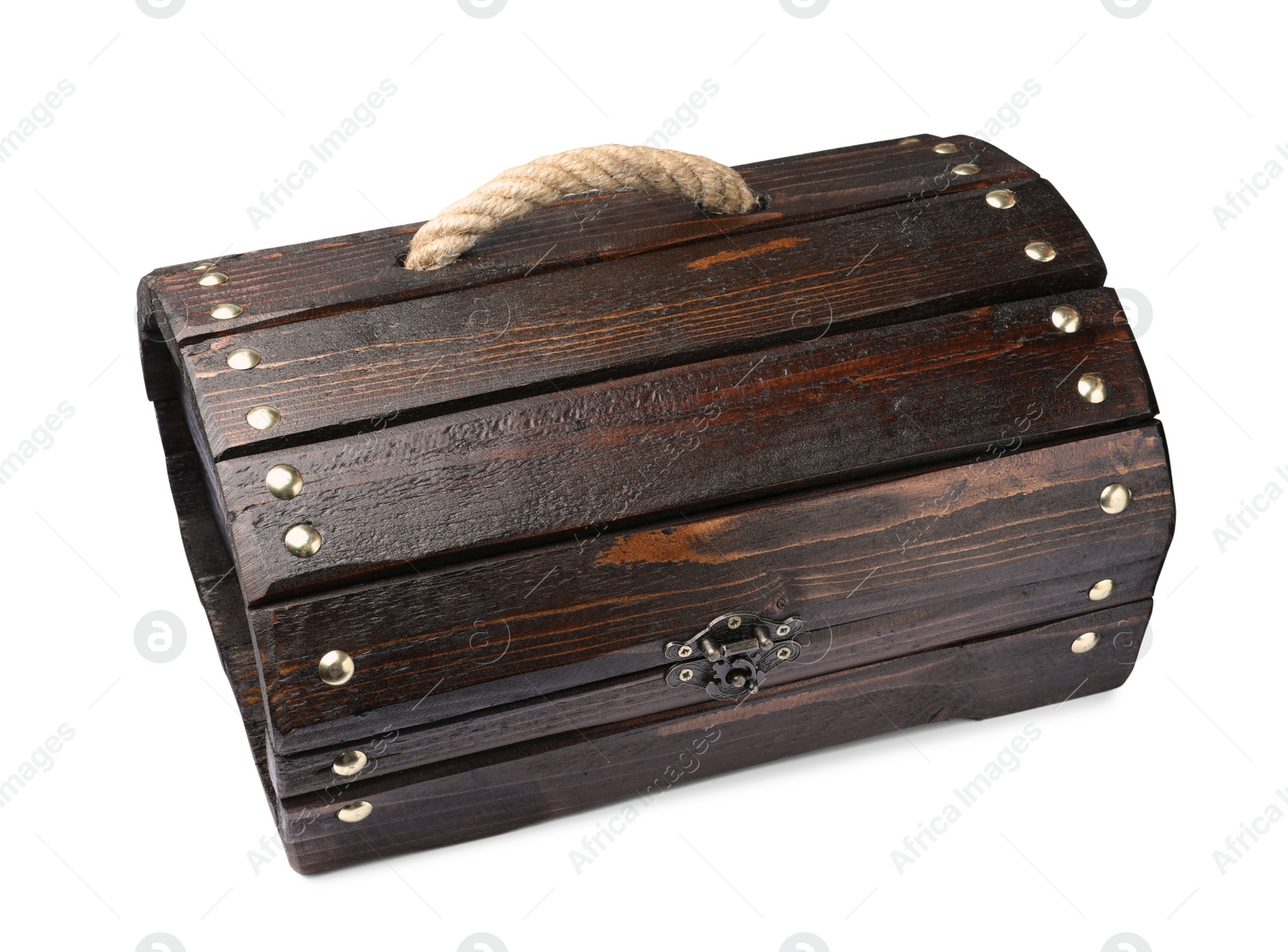 Photo of Closed old wooden treasure chest isolated on white