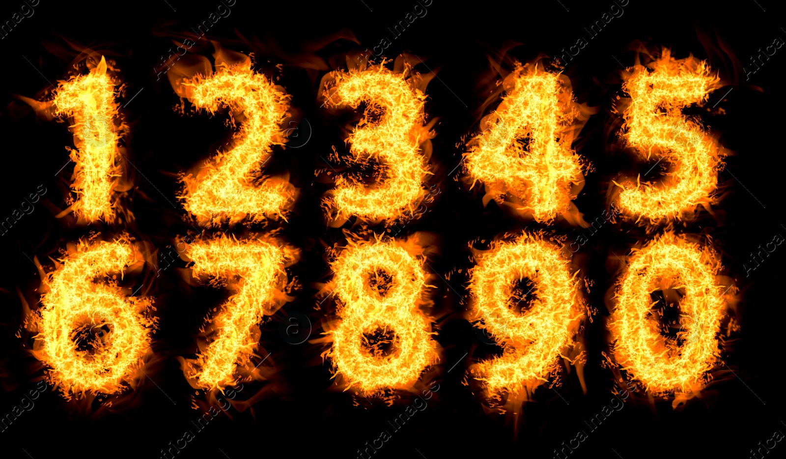 Image of Set of flaming numbers on black background