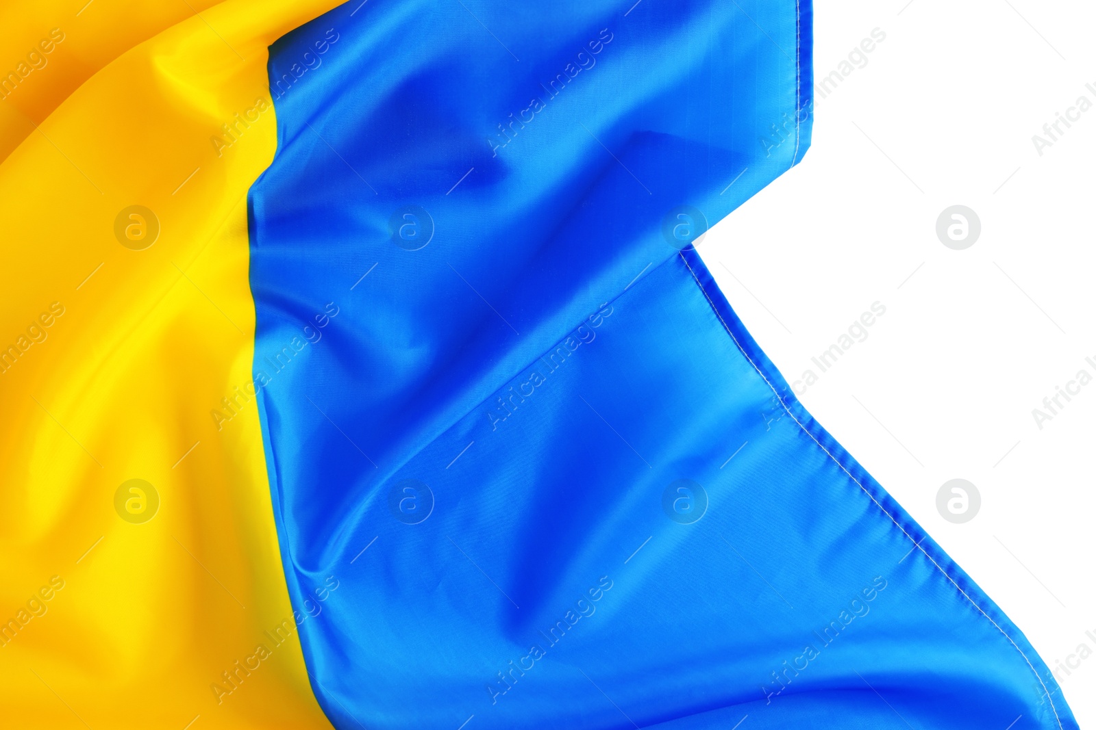 Photo of National flag of Ukraine on white background, top view