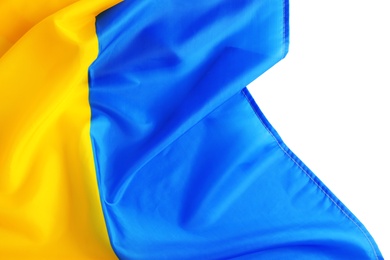 Photo of National flag of Ukraine on white background, top view