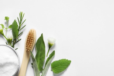 Flat lay composition with toothbrush and herbs on white background. Space for text