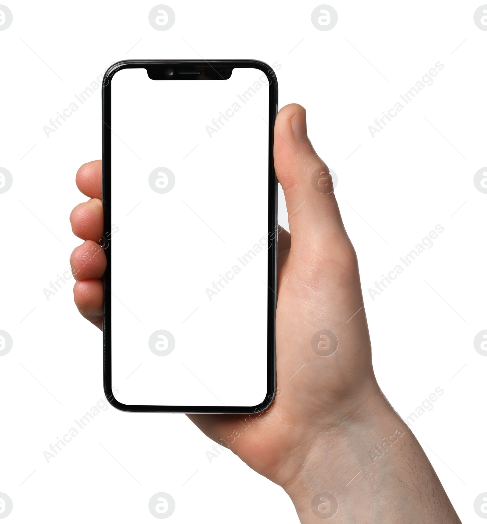 Photo of Man holding smartphone with blank screen on white background. Mockup for design