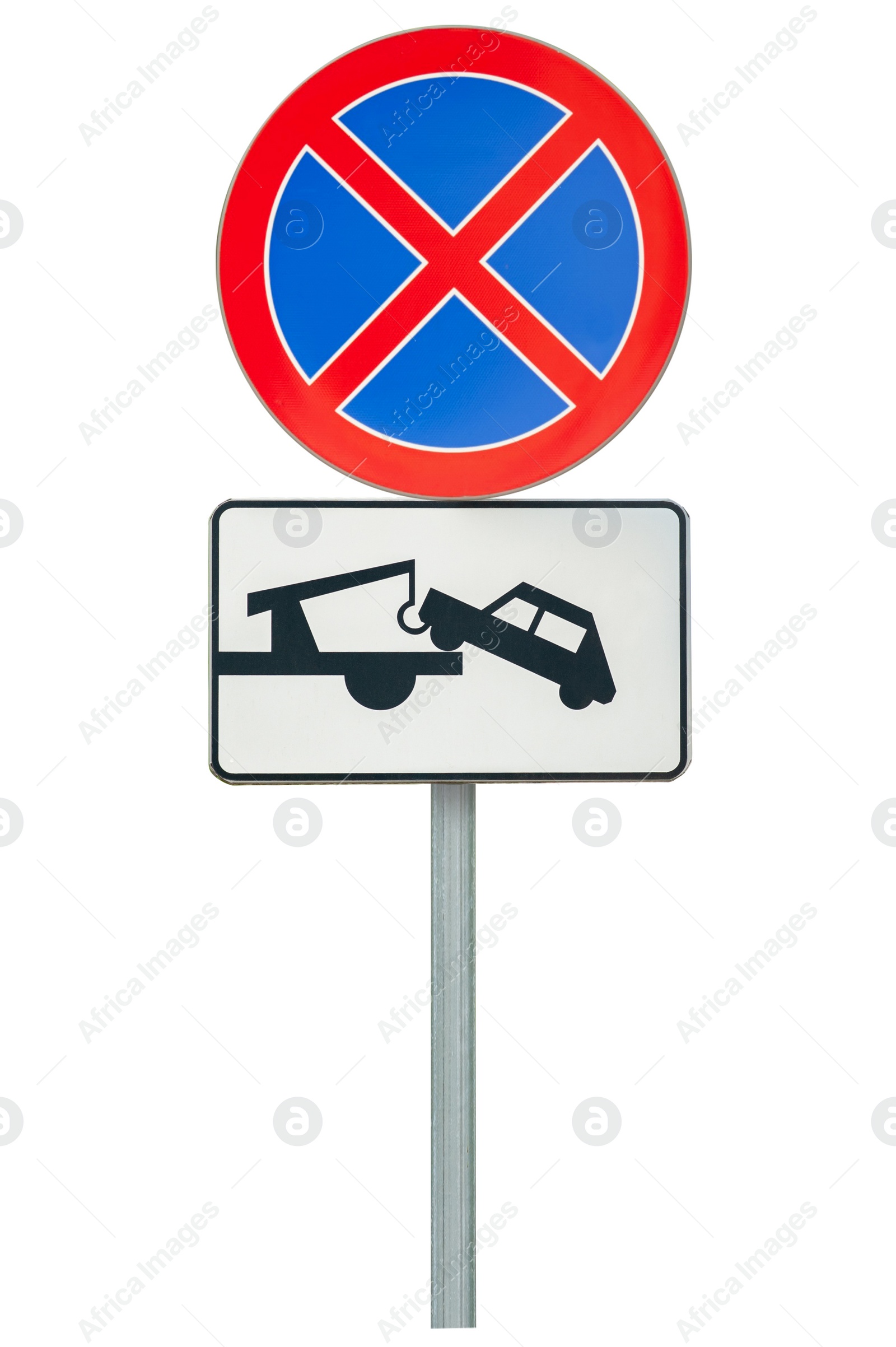 Image of Post with No stopping road sign isolated on white