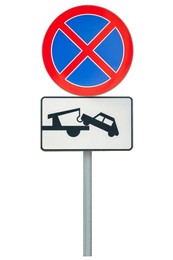 Post with No stopping road sign isolated on white