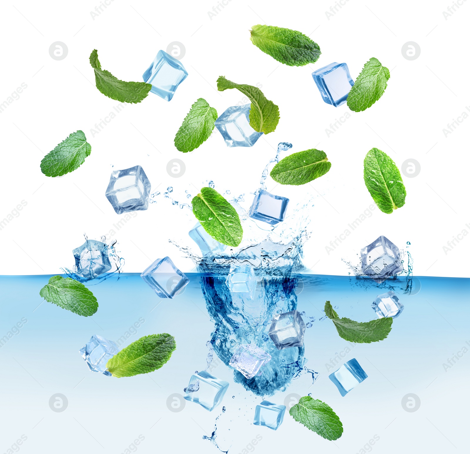 Image of Ice cubes and green mint leaves falling into water on white background