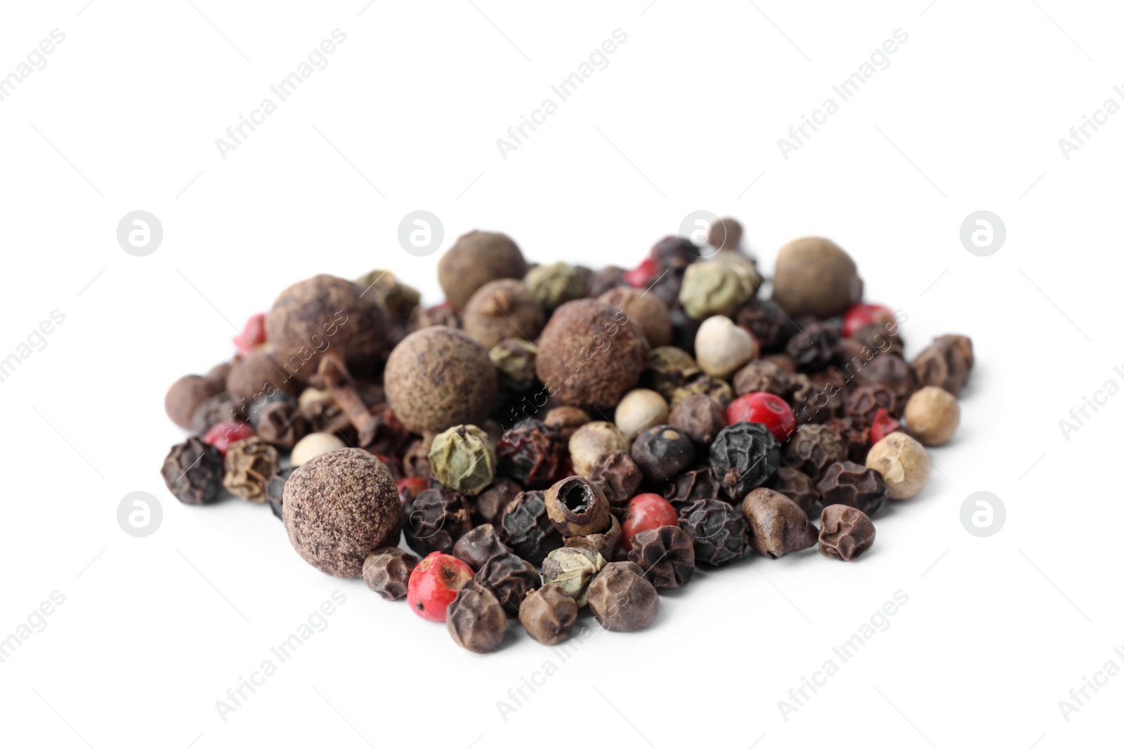 Photo of Mix of different pepper grains isolated on white