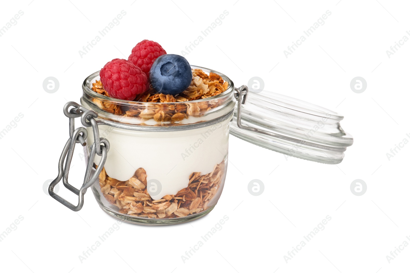 Photo of Jar of yogurt with granola and fresh berries isolated on white