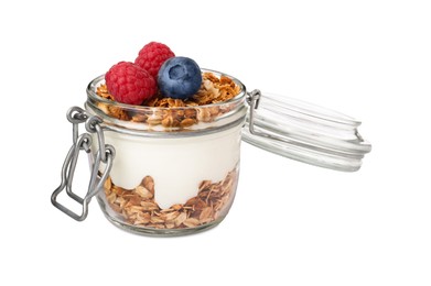 Jar of yogurt with granola and fresh berries isolated on white