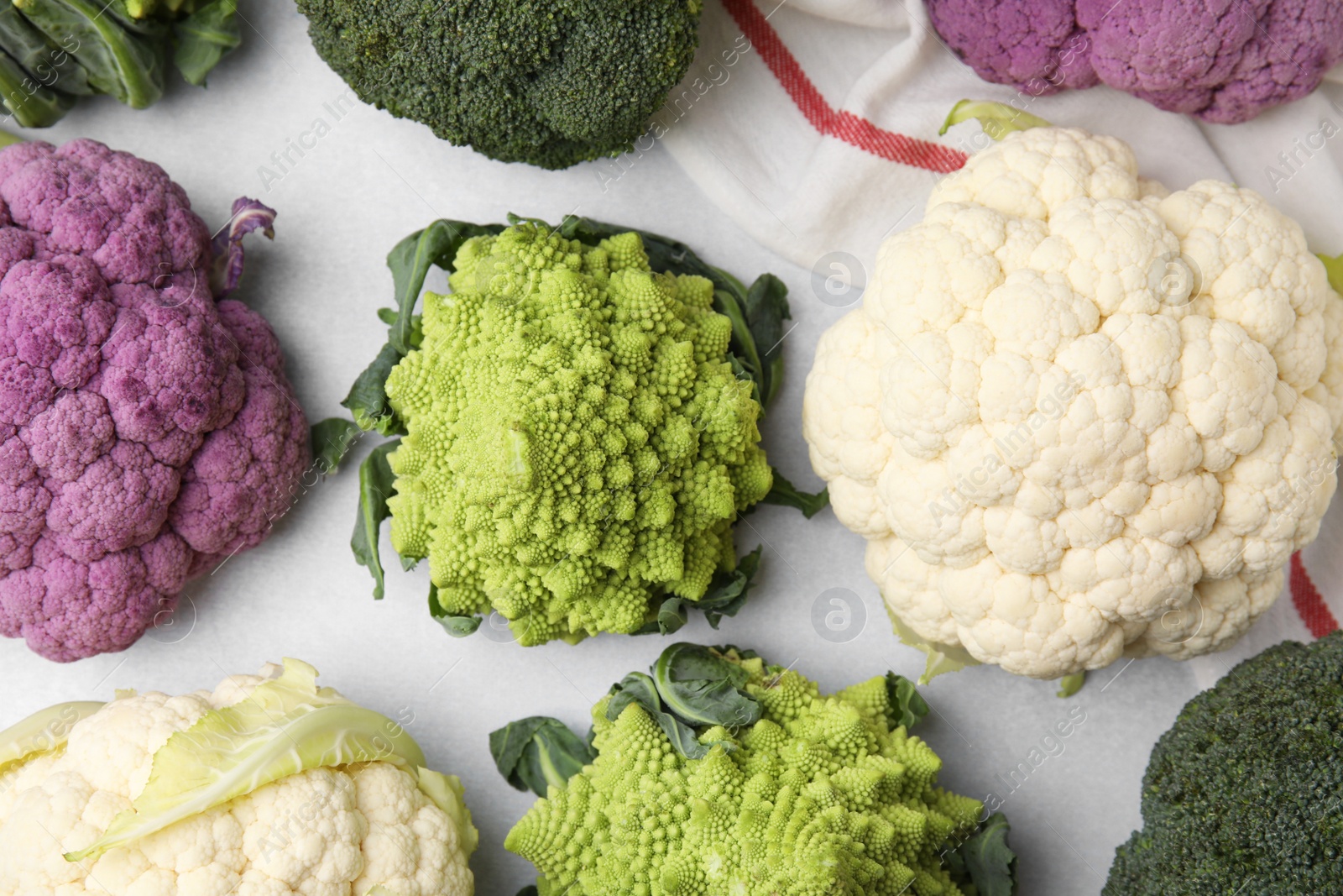 Photo of Different fresh cabbages on white background, flat lay