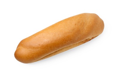 Photo of One fresh hot dog bun isolated on white, top view