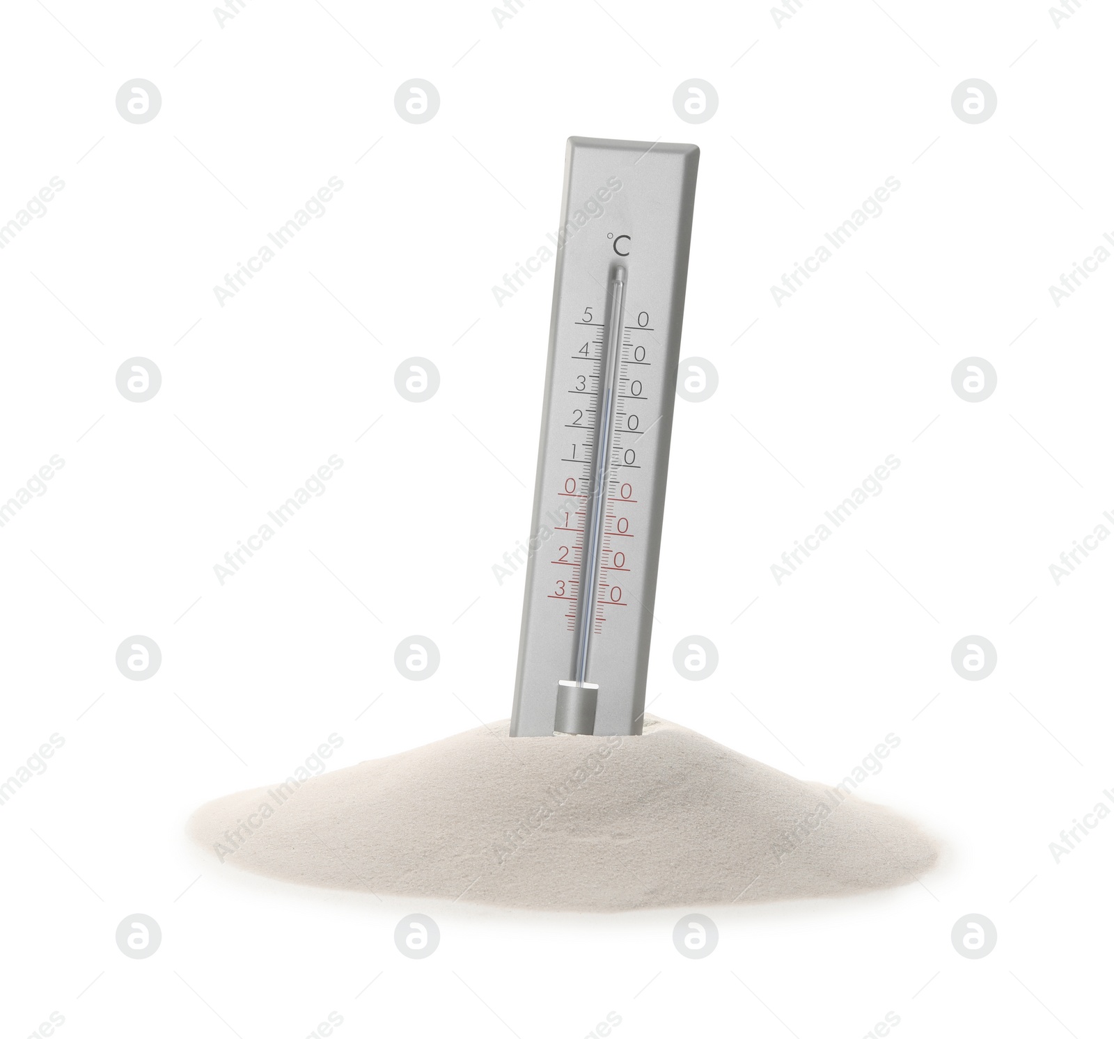 Photo of Weather thermometer in sand against white background