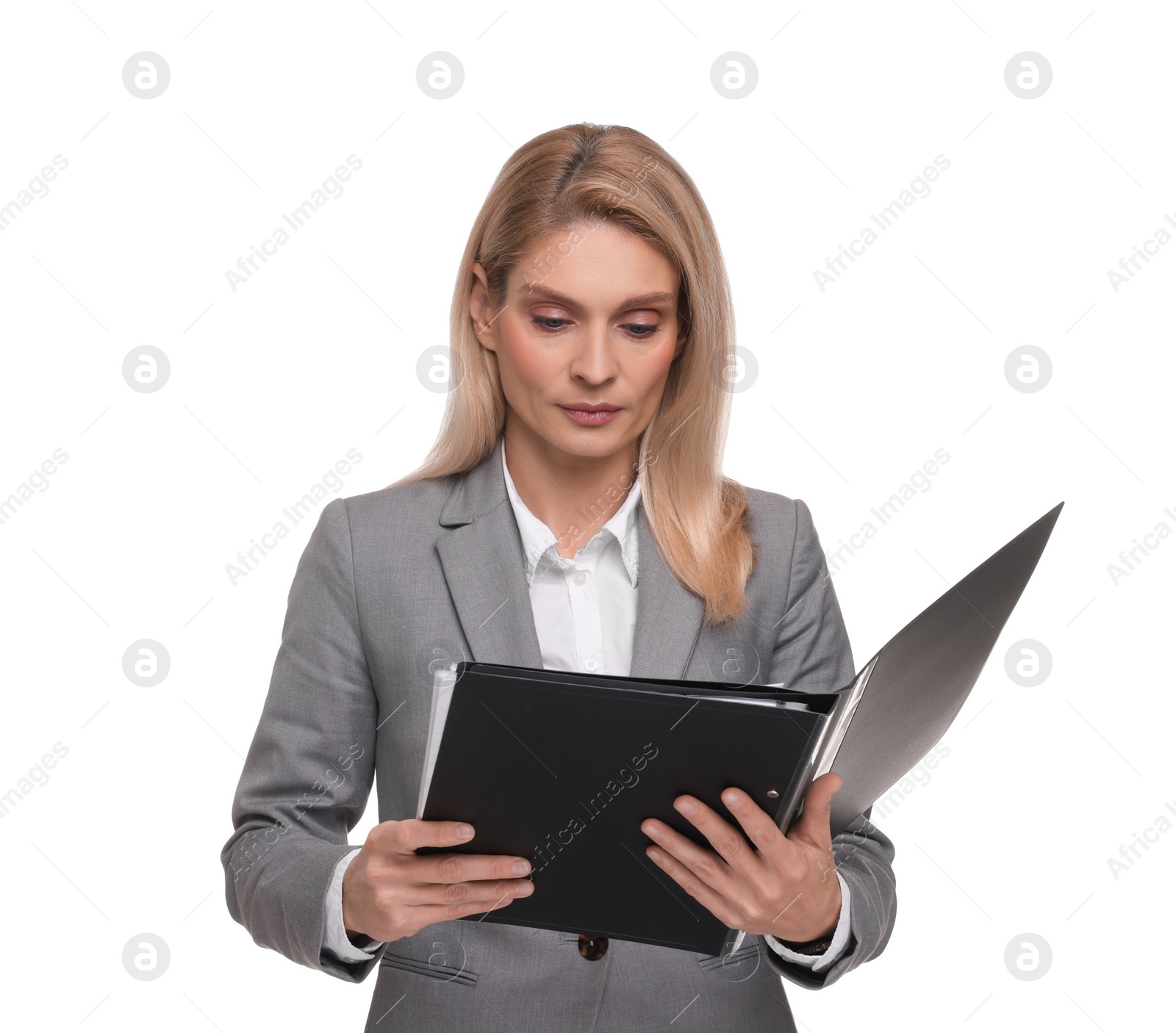 Photo of Portrait of beautiful woman with folder on white background. Lawyer, businesswoman, accountant or manager