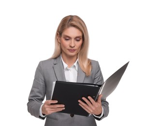 Photo of Portrait of beautiful woman with folder on white background. Lawyer, businesswoman, accountant or manager