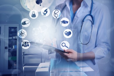 Image of Medical technology concept. Doctor with clipboard in clinic and illustration of different icons, double exposure