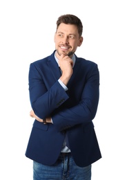 Portrait of happy businessman posing on white background