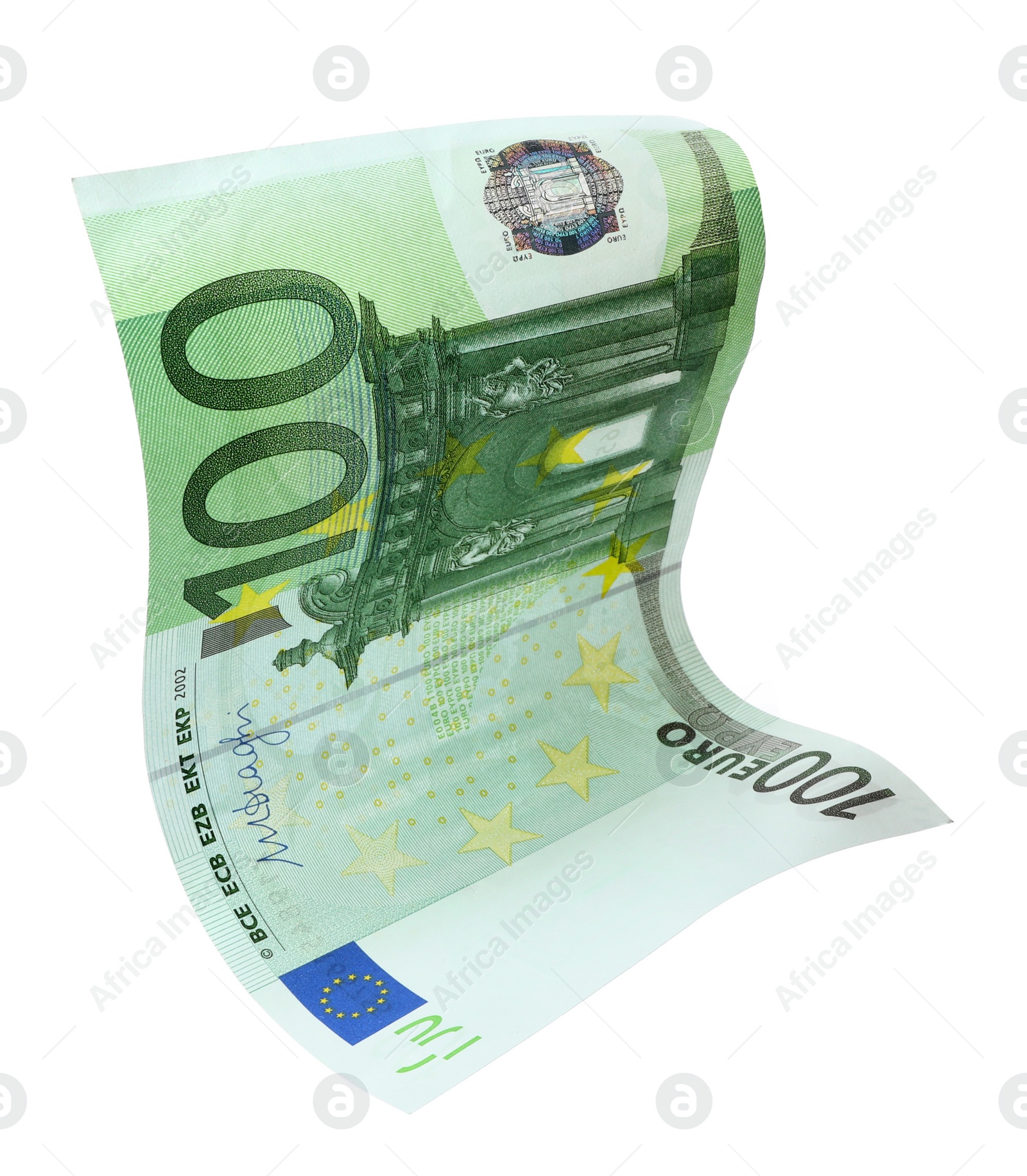 Photo of Flying one hundred Euro banknote isolated on white