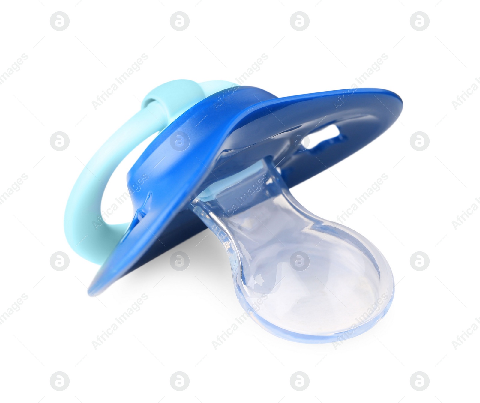 Photo of One blue baby pacifier isolated on white