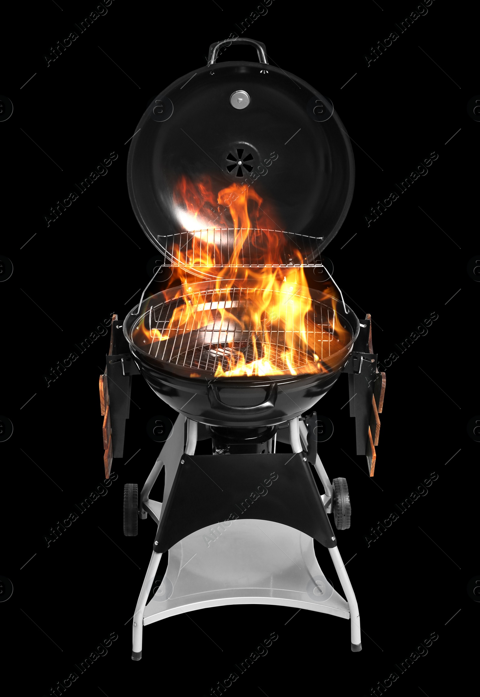 Image of Modern flaming barbecue grill on black background