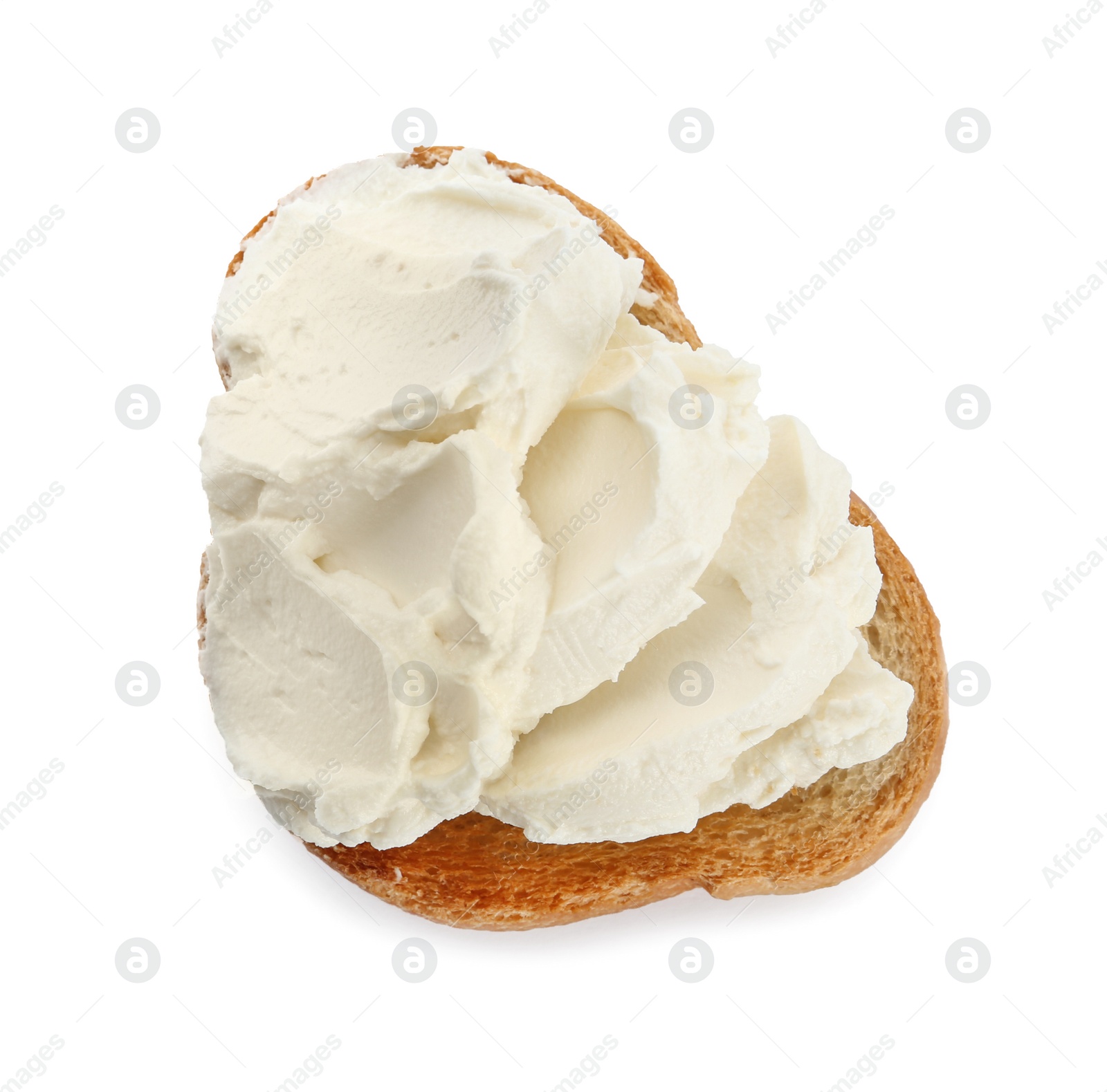 Photo of Toasted bread with cream cheese isolated on white, top view