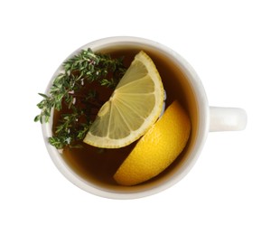 Aromatic herbal tea with thyme and lemon isolated on white, top view